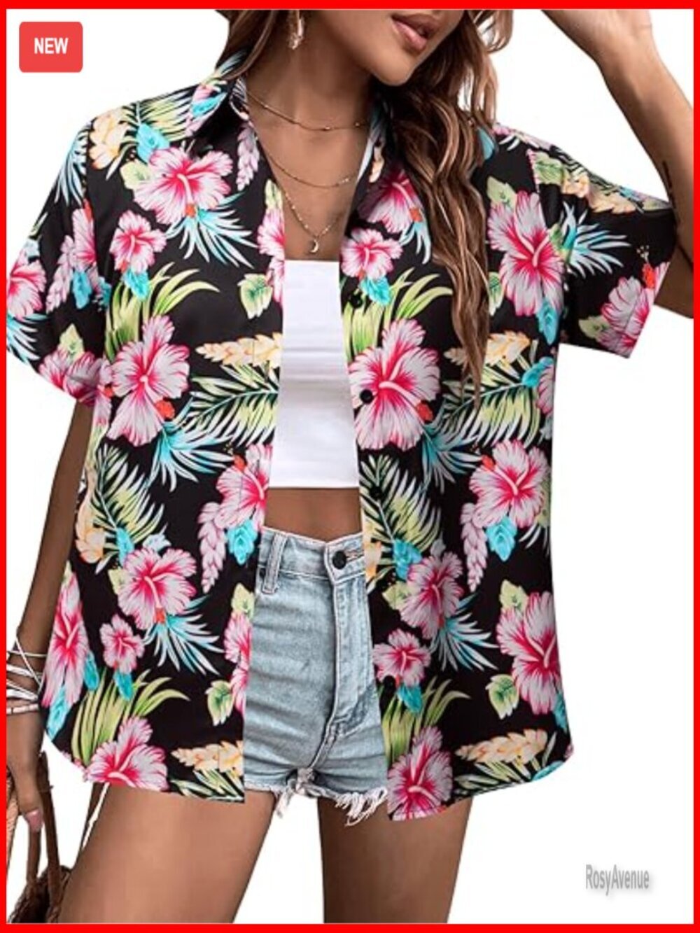 Women's Hawaiian Floral V-Neck Button Down T-Shirt Short Sleeve Summer Top